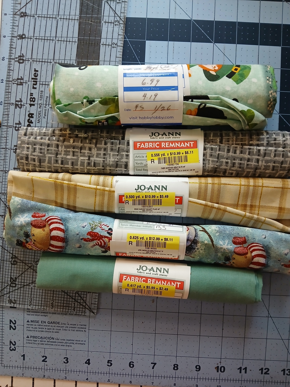 Quilting Fabric Bundle - Green, Gray, Cream, Tan, White